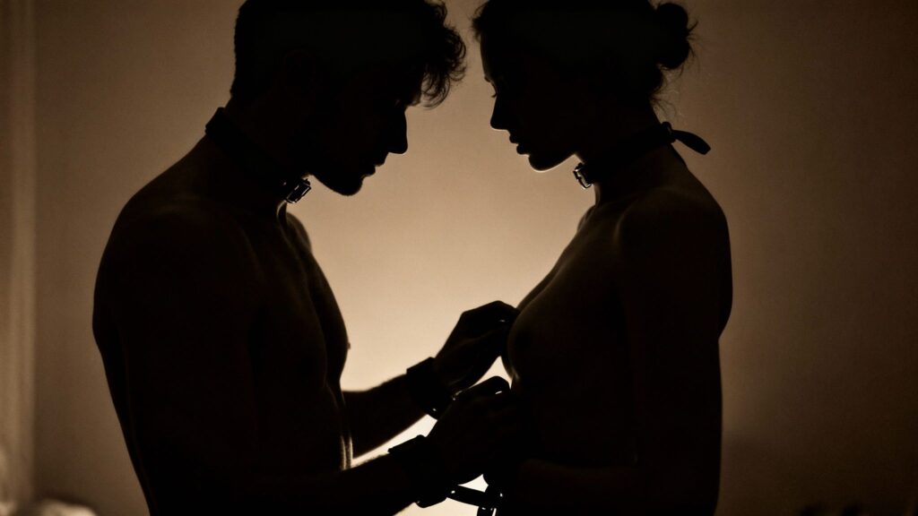 Silhouetted figures exploring hardcore BDSM dynamics.