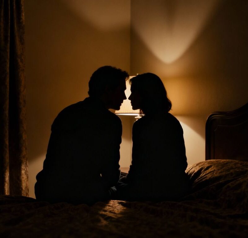 Silhouetted figures in a dimly lit, private bedroom.