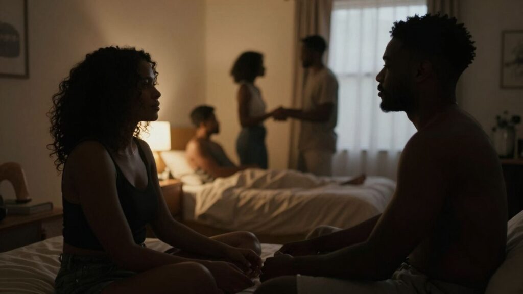 Silhouetted figures in an intimate bedroom setting.