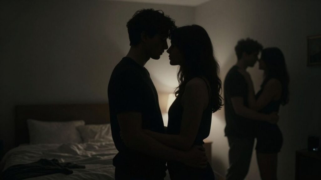 Silhouettes of couples in a dimly lit bedroom.