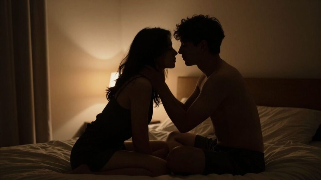 Silhouettes of couples in an intimate bedroom setting.