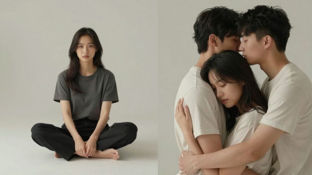 Single person and couple in contrasting intimate poses.