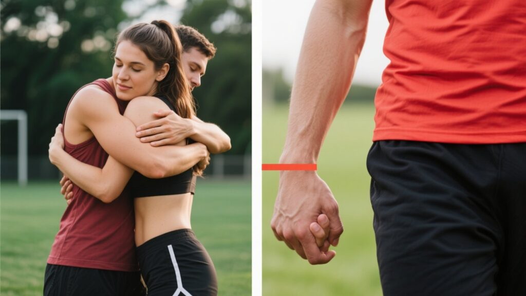 Sporty embrace versus tender hand-holding, illustrating emotional boundaries.