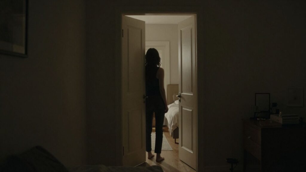 Two doors slightly open in a dimly lit room.