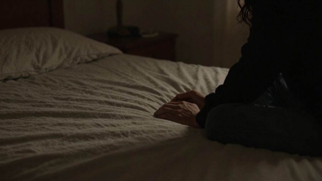 Two figures in a dimly lit, private bedroom.