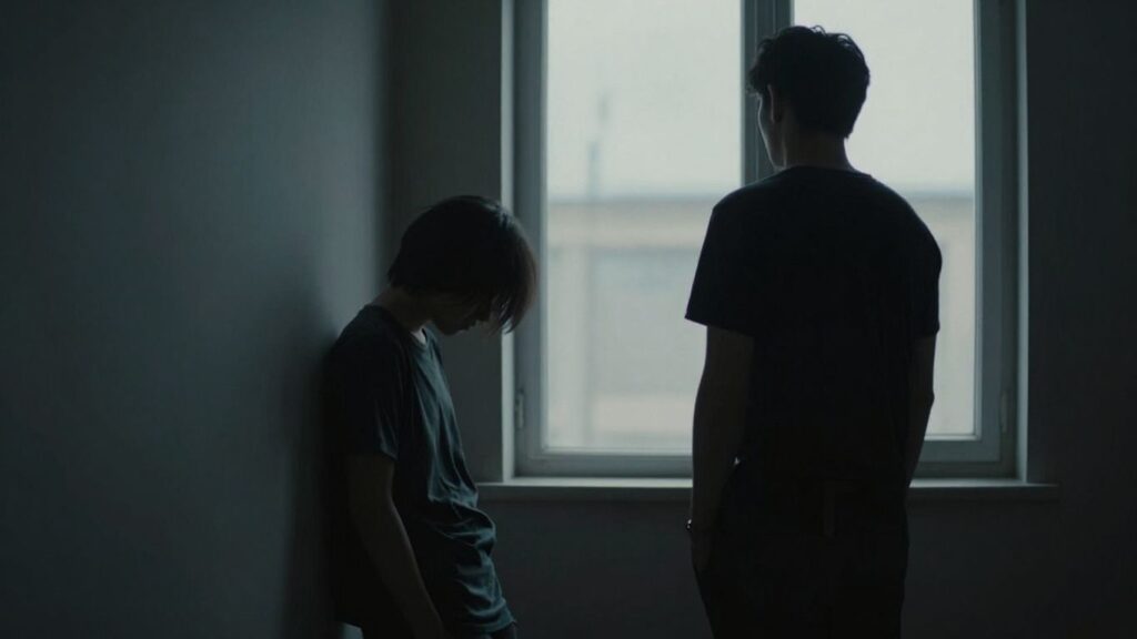 Two figures in a dimly lit room, one introspective.