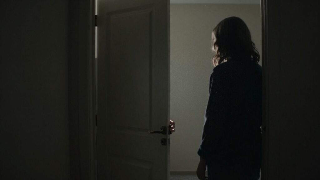 Two figures near a closet door, one reaching out.