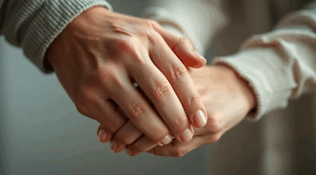 Couple's hands touching intimately, exploring connection.