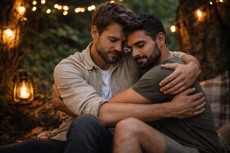 Two men embracing, conveying emotional safety and connection.