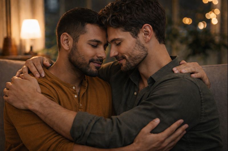Two men embracing intimately, conveying connection and respect.