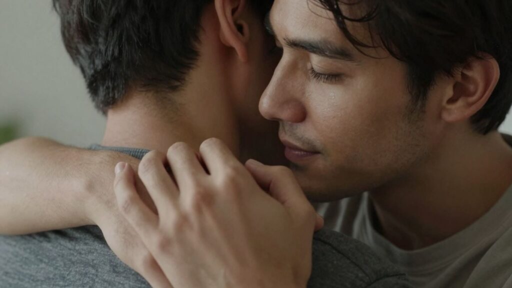 Two men embracing intimately, conveying connection and tenderness.