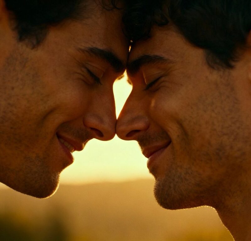 Two men embracing intimately, exploring a connection.