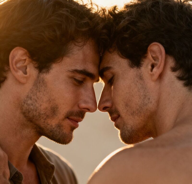 Two men embracing intimately in a softly lit setting.