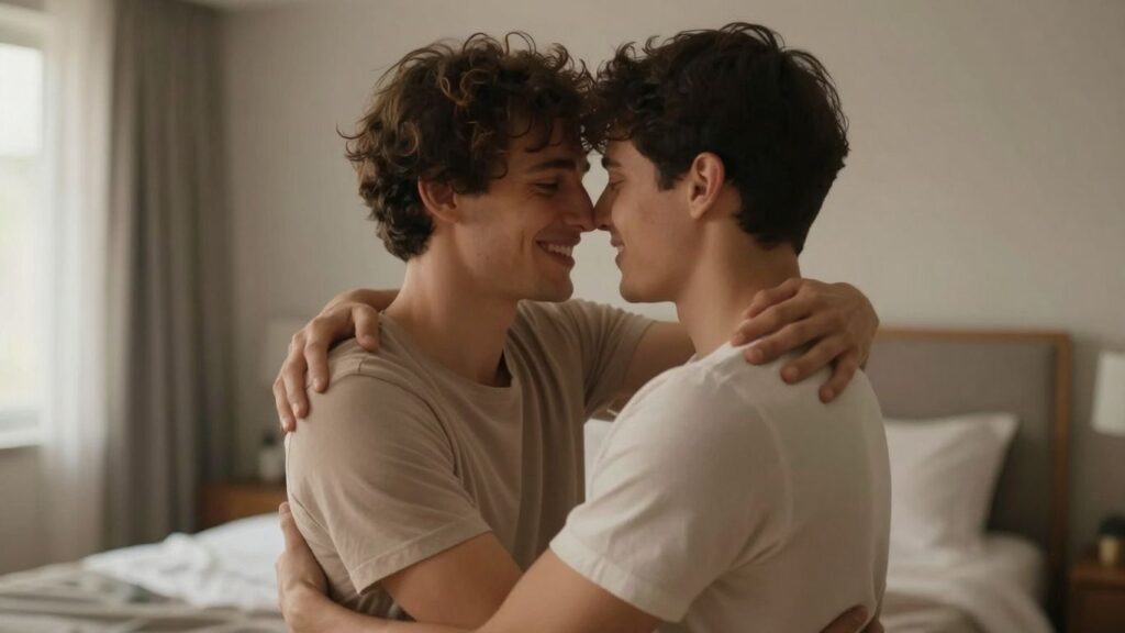Two men embracing intimately in a warm, softly lit room.
