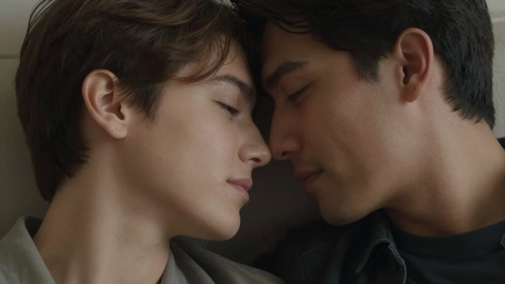 Two men embracing intimately, showing affection and connection.