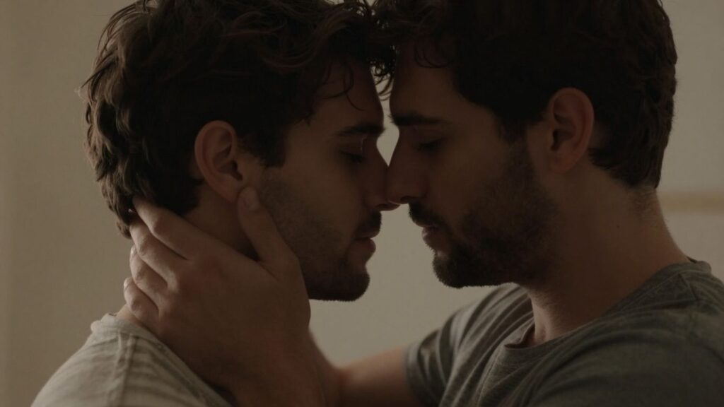 Two men embracing intimately, soft lighting.