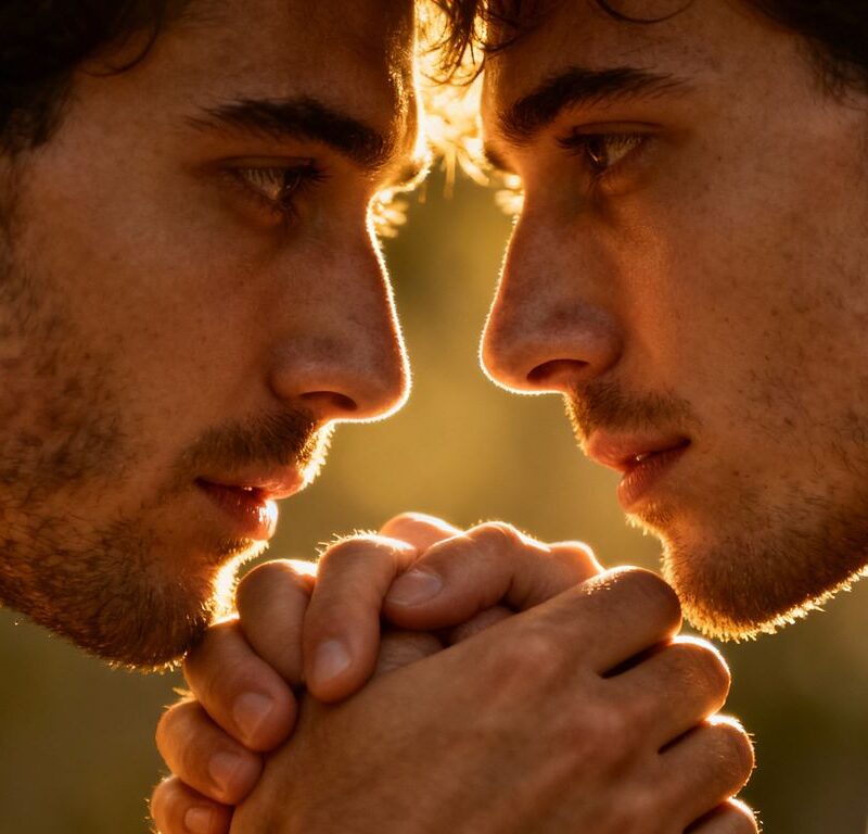 Two men embracing intimately, soft lighting, close-up portrait.