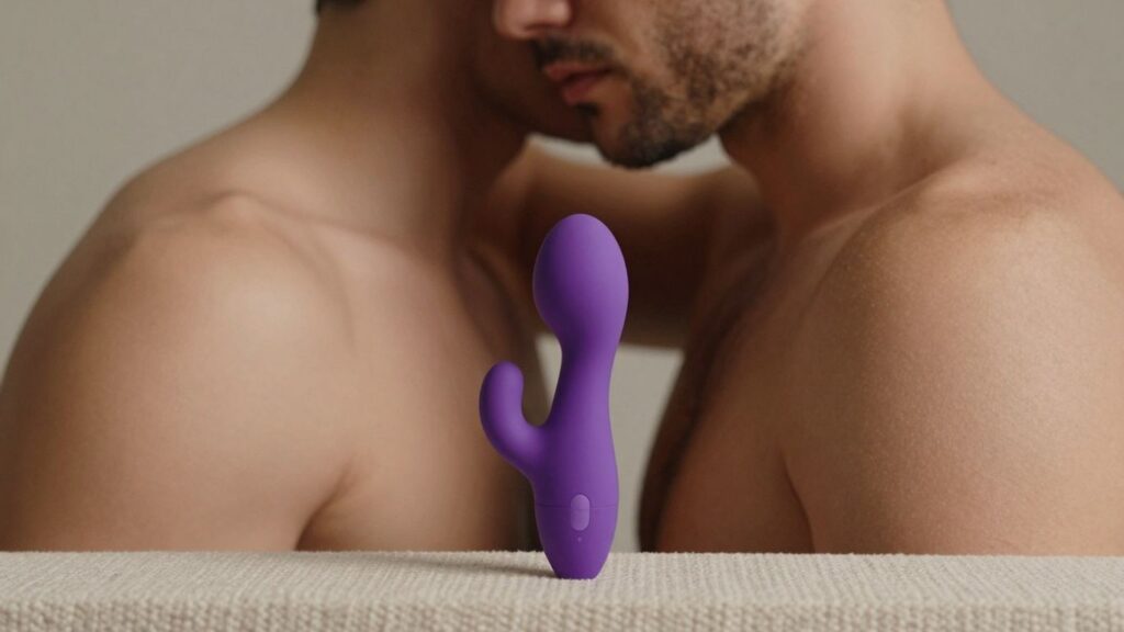 Two men embracing intimately, with a sex toy nearby.