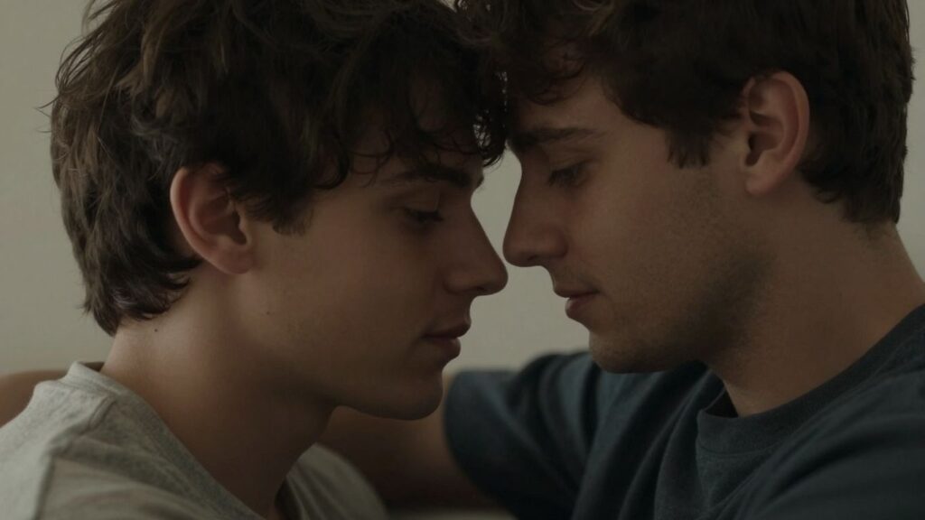 Two men embracing, showing emotional connection and safety.