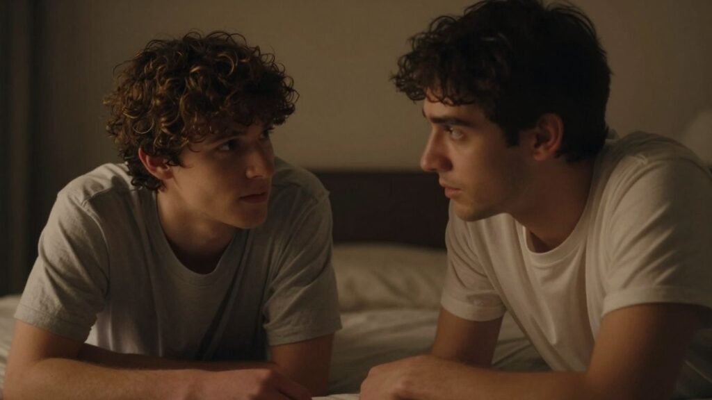 Two men exploring intimacy in a warm, soft-lit room.