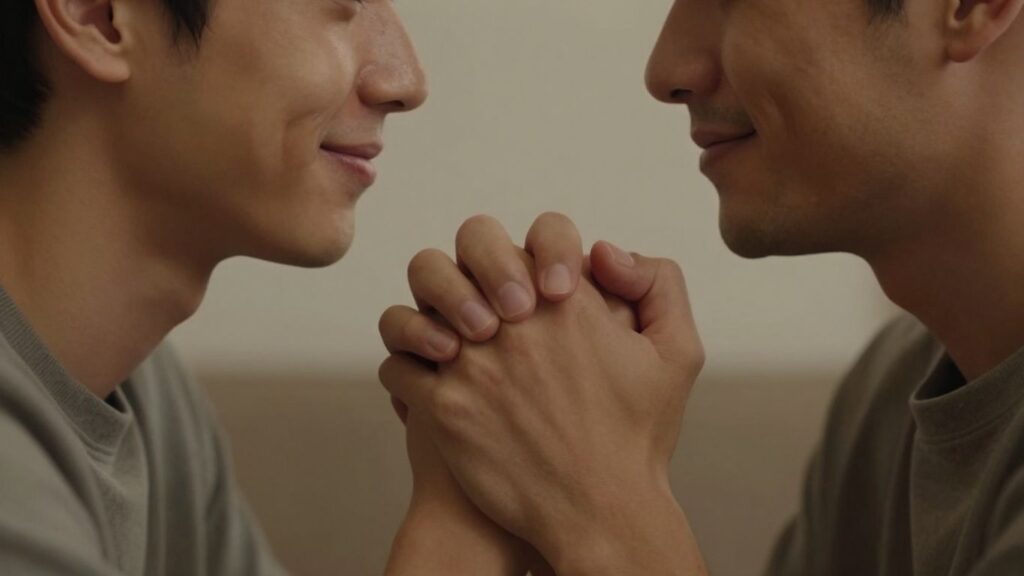 Two men holding hands, smiling at each other intimately.