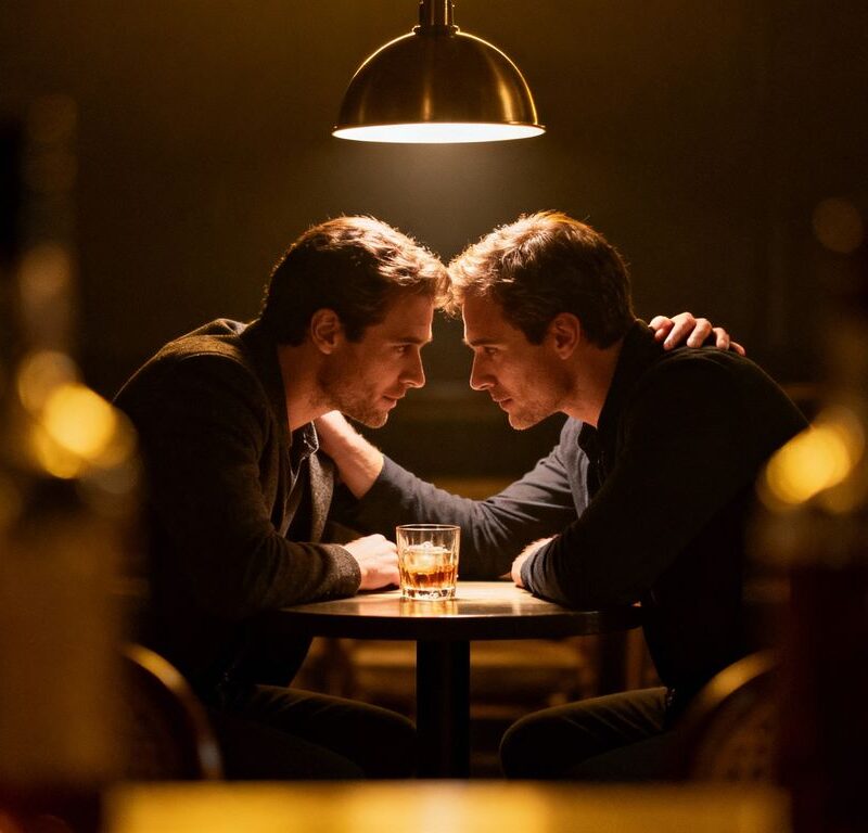 Two men in a dimly lit, intimate setting.