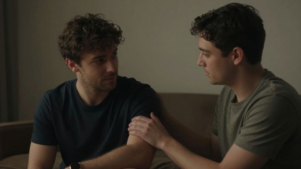 Two men in a private setting, showing gentle touch and connection.