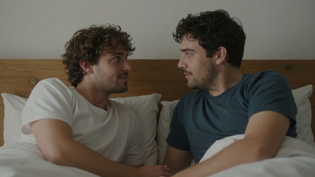 Two men in an intimate, comfortable setting.