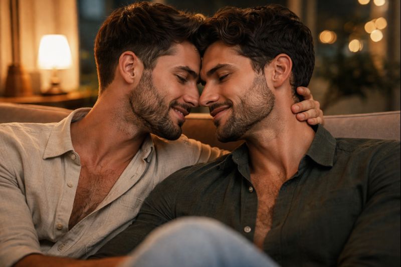 Two men in an intimate setting, close together.