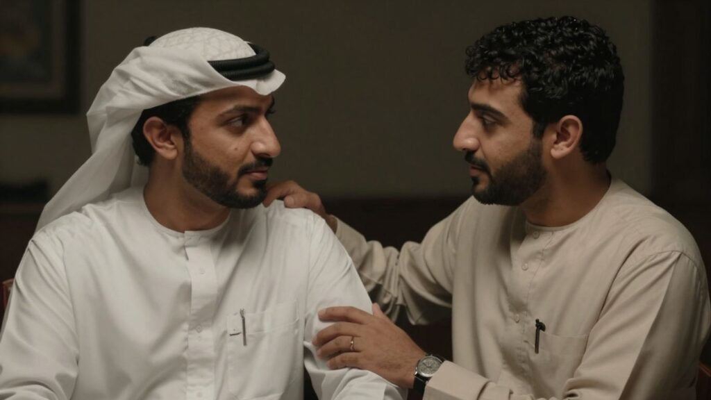 Two men in an intimate setting, connecting.