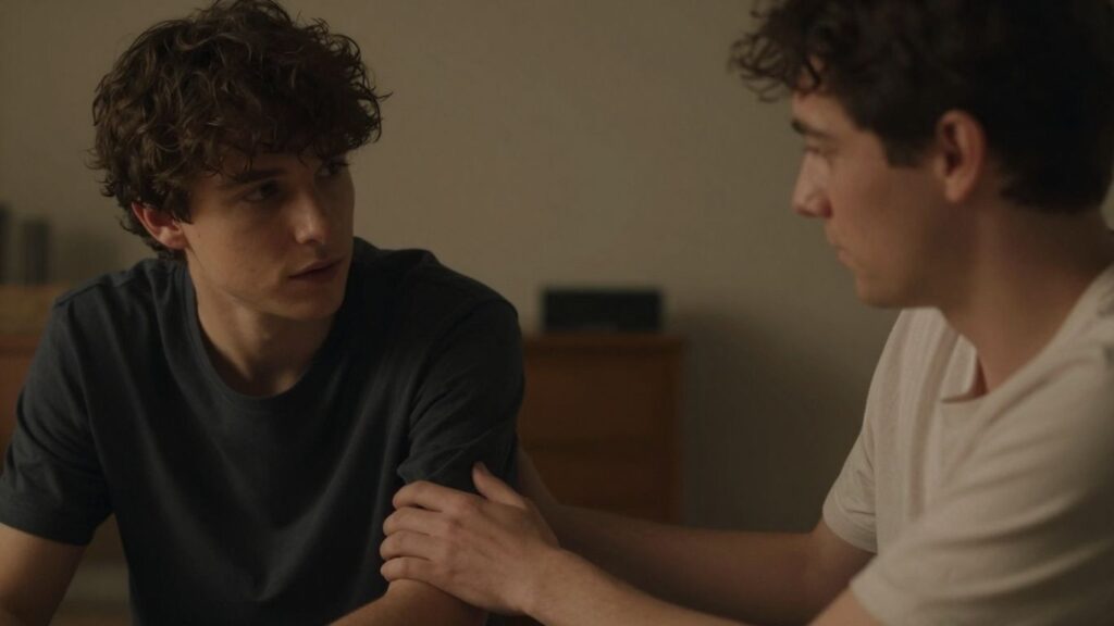 Two men in an intimate, softly lit setting.