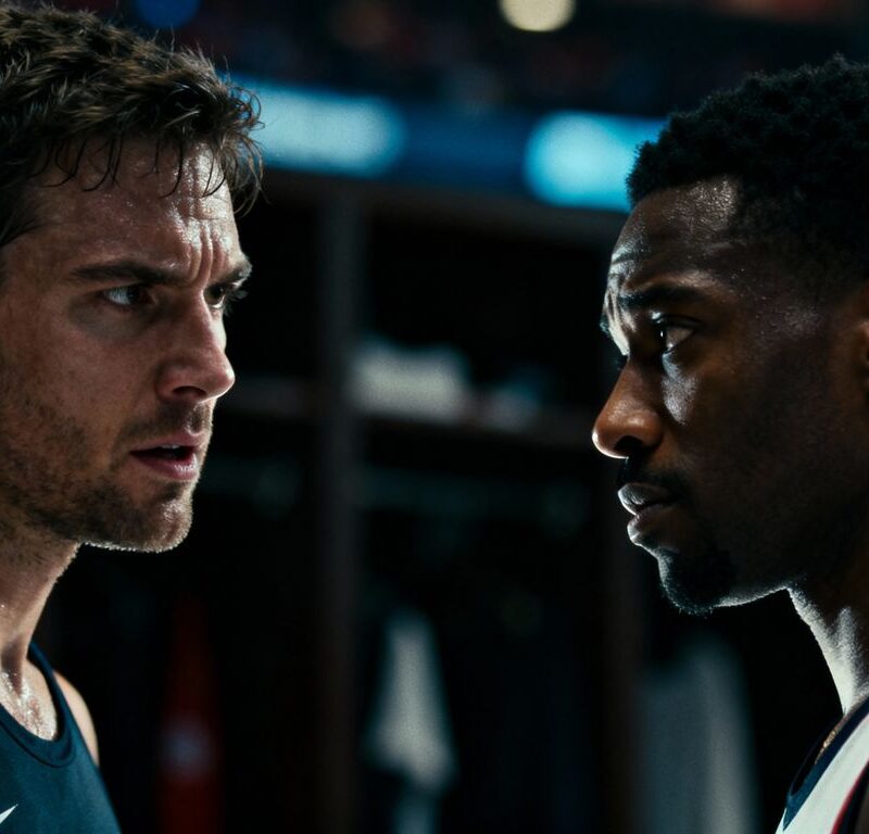 Two men in athletic wear, one determined, one thoughtful.