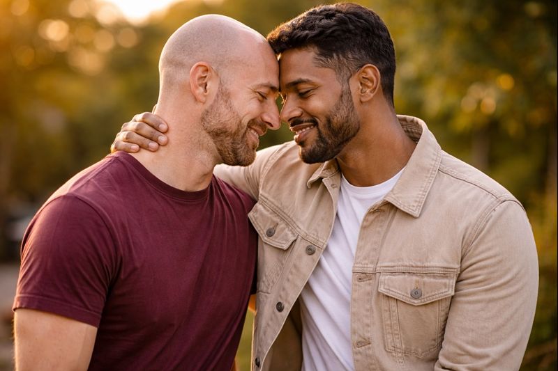 Two men sharing a tender moment of affection.