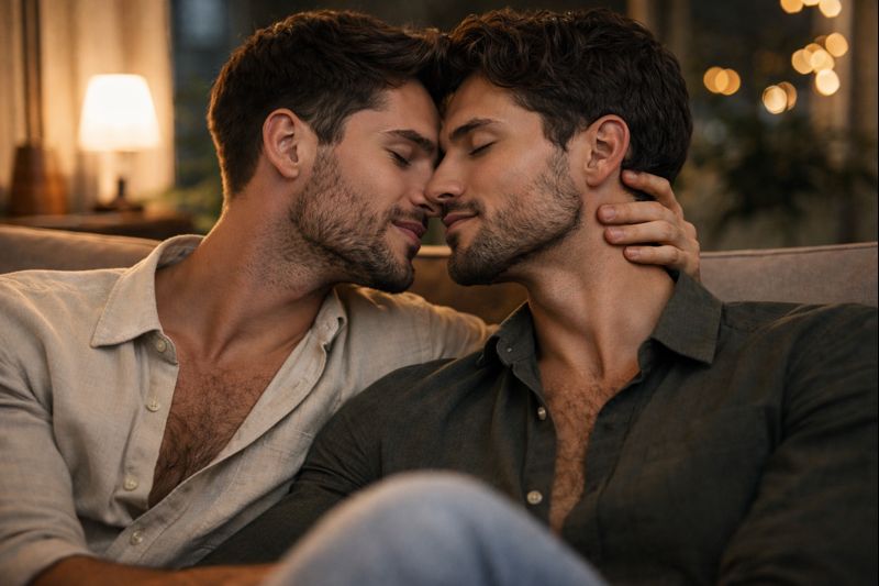 Two men sharing a tender, private moment.