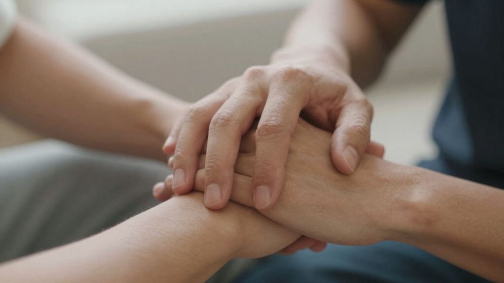 Two men's hands touching gently, conveying intimacy and respect.