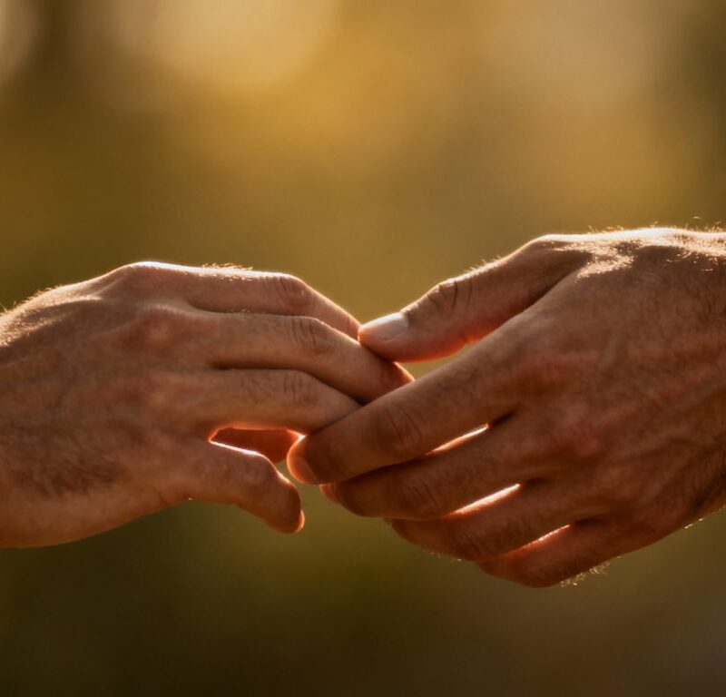 Two men's hands touching intimately.