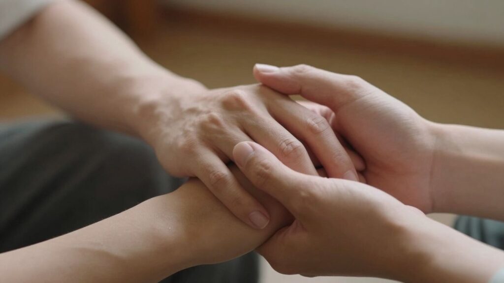 Two men's hands touching intimately.