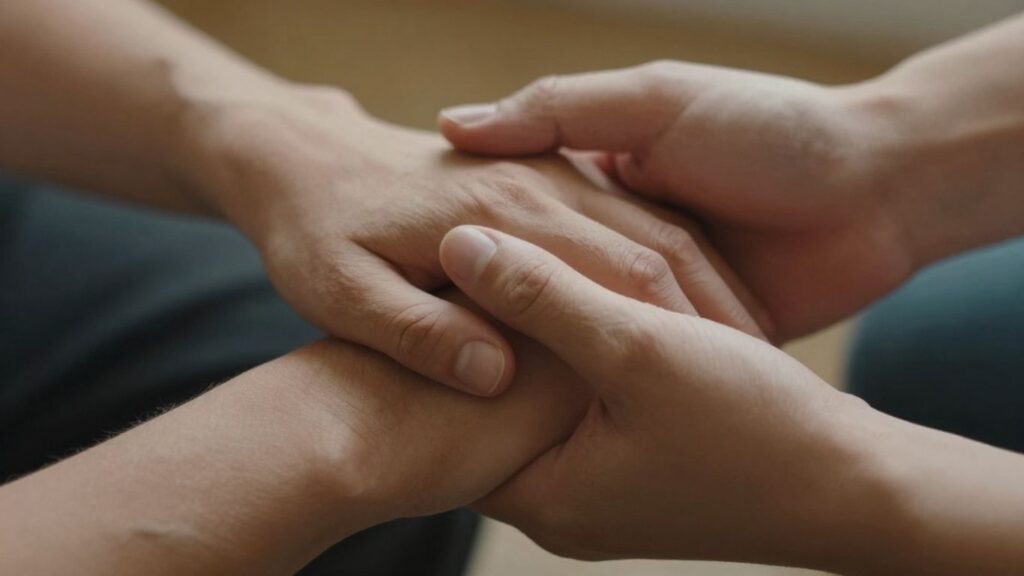 Two men's hands touching intimately.