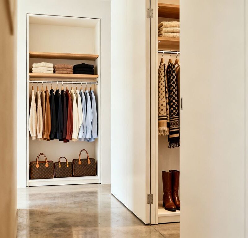 Two modern closets, one open, one slightly ajar.
