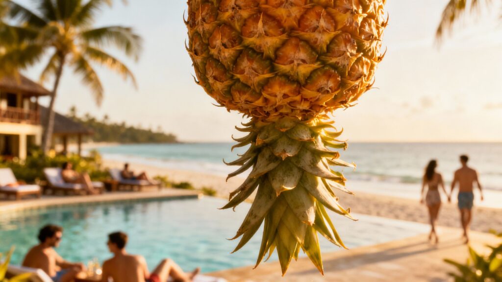 Upside-down pineapple symbol on a vacation resort with couples in background.