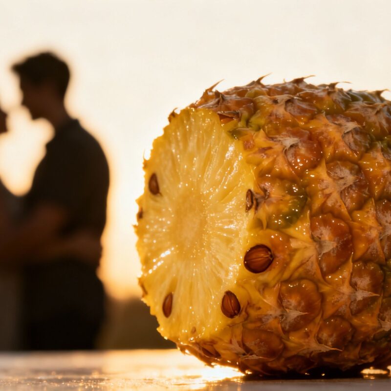 Upside-down pineapple with a couple in the background.