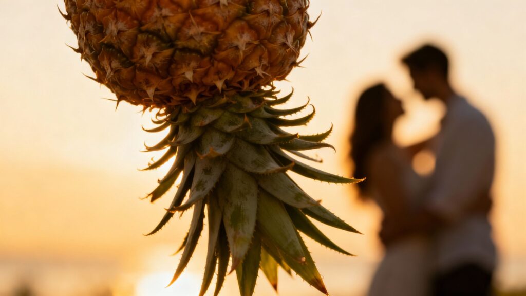 Upside-down pineapple with a couple's silhouettes in the background.