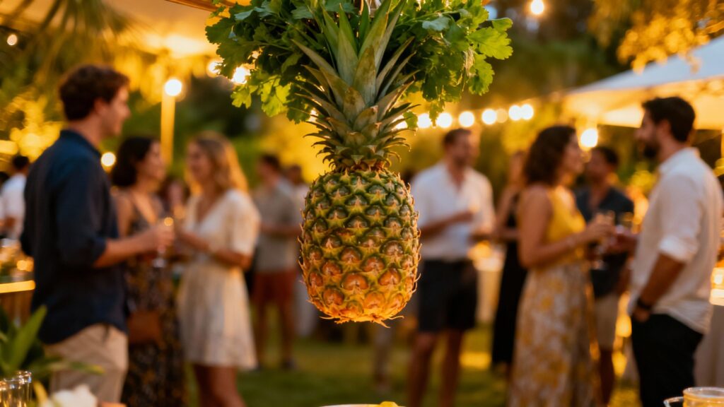 Upside-down pineapple with diverse people socializing in the background.