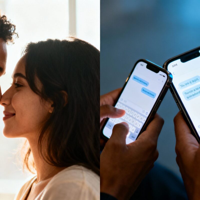 Whispering couple versus hands texting on phones.