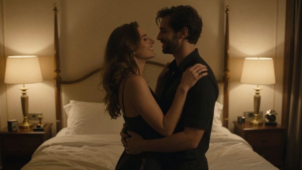 Couple embracing in a luxurious bedroom, intimate and playful.