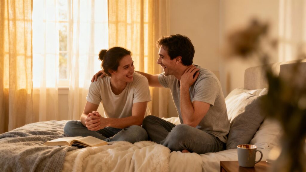 Couples interacting comfortably in a relaxed setting.