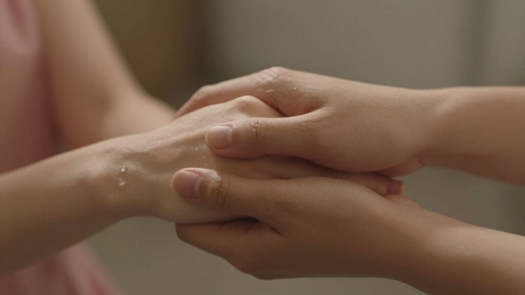 Intertwined hands with a warm, intimate glow.