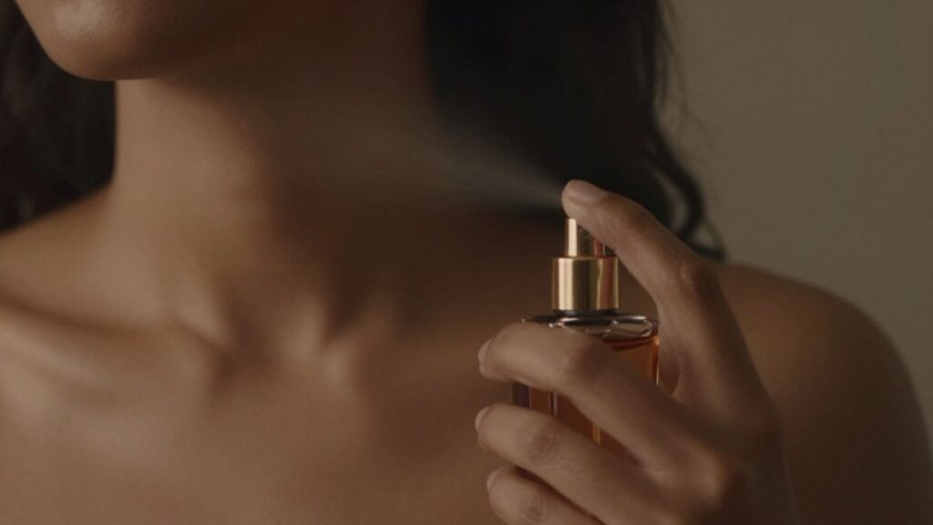 Person applying perfume to neck, intimate scent focus.