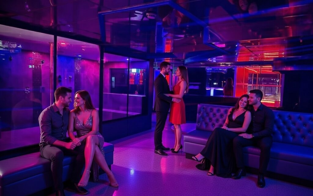 Several well-dressed couples sit closely on deep blue and pink tufted sectional sofas: one pair conversing intimately, another embracing, with additional couples visible in reflections