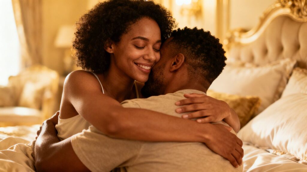 Couple embracing in a bedroom, lifestyle experience